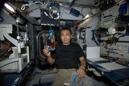写真：毛細管実験の準備を行う若田宇宙飛行士