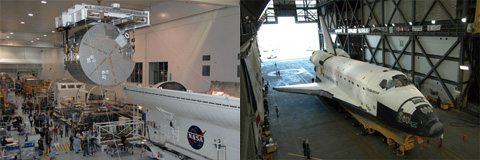 写真：ペイロードキャニスターに搭載される「きぼう」船内保管室（左）とスペースシャトル組立棟（VAB）へ到着したエンデバー号（右）