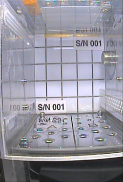 Internal view of the Plant Experiment Unit (PEU) taken with the installed CCD camera: The seeds are planted in the holes on the bottom of the PEU, and water is provided by watering system inside