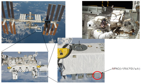 画像：軌道上の「きぼう」船外実験プラットフォーム搭載MPAC&SEEDと宇宙飛行士による実験装置回収の様子