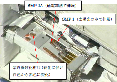 画像：形状記憶ポリマ（SMP1、SMP2A伸展後）