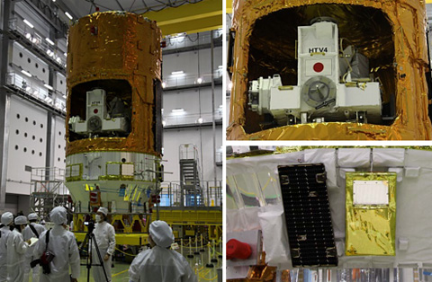 写真：（左）報道関係者に公開された「こうのとり」4号機、（右上）補給キャリア非与圧部に収納された曝露パレット、（右下）新たに機体に設置した表面電位センサ（右側）（種子島宇宙センター第2衛星フェアリング組立棟にて） 