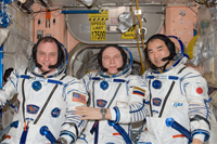 21Sの移動飛行の準備を行う（左から）クリーマー、コトフ、野口宇宙飛行士（提供：NASA）