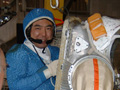 Astronaut Furukawa wearing Orlan space suit