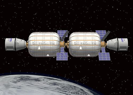 ビゲロー社の宇宙ホテル構想の中で、連結したインフレータブルモジュール両端に宇宙往復用のドラゴン宇宙船が結合している。（提供 ビゲロー社）