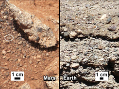 過去に水が流れた跡を思わせる玉砂利を含んだ割れた岩石（左）。右は類似の地球上の岩石。（提供NASA/JPL-Caltech/MSSS and PSI）