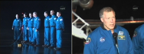 写真：KSCに到着したSTS-123クルー（左）、ミッションに向けた意気込みを語るコマンダーのドミニク・ゴーリ宇宙飛行士（右）