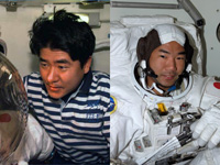 （左）STS-87時の土井宇宙飛行士　（右）STS-114時の野口宇宙飛行士（出典：JAXA/NASA）